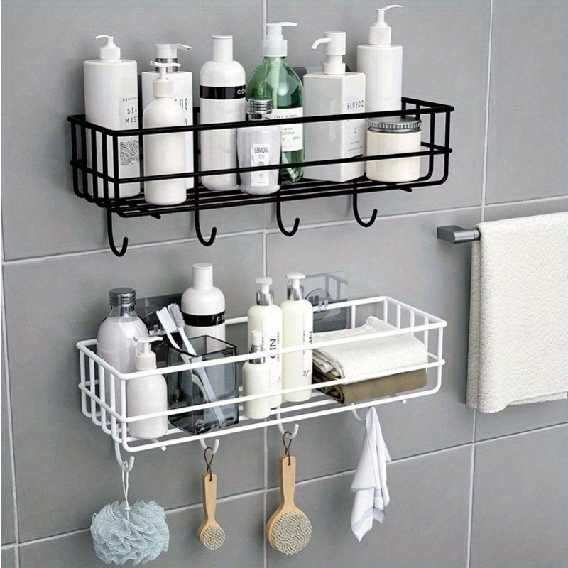 

Multifunctional Wall-mounted Bathroom Storage Rack, Kitchen Storage Rack, 1pc Cast Iron Shower Gel Rack With Hook, Punch-free Wall-mounted Bathroom Storage Rack