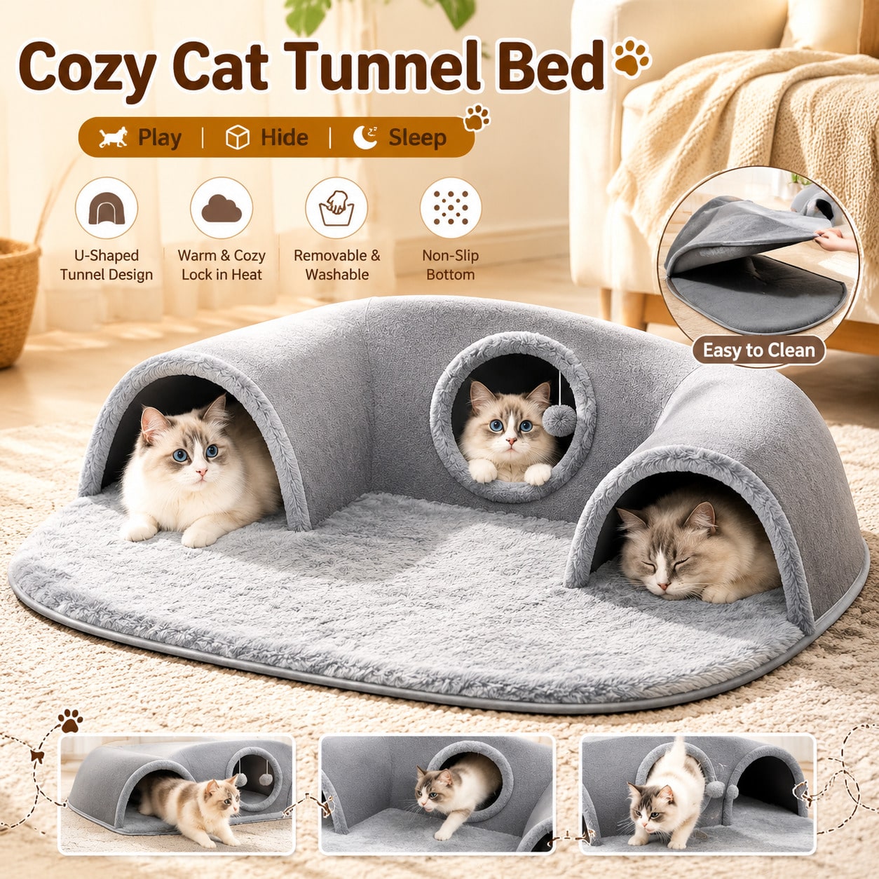 TEMU Multi-functional U-shaped Cat Tunnel Bed, Detachable And Washable Plush Pet Tunnel Bed, Integrated Cat Supplies For Play And Rest, Suitable For