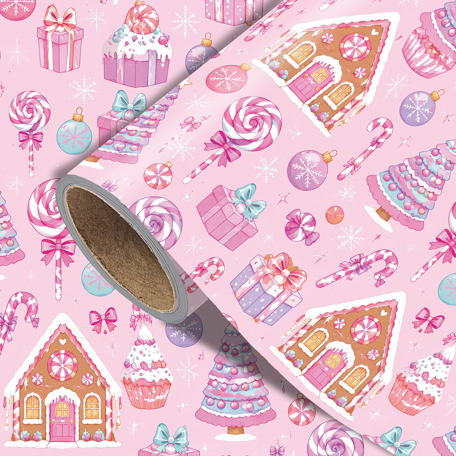 TEMU Rollo de papel de regalo navideño rosa, 17.7x118 pulgadas, para envolver regalos de Navidad con diseño de , cupcake y Para Caminar de caramelo,