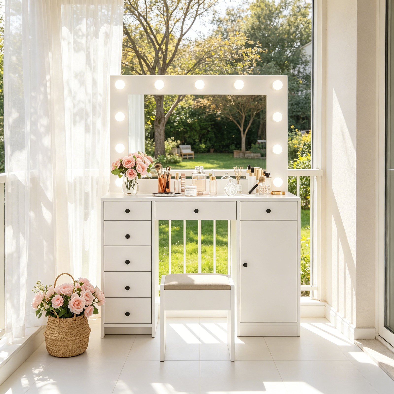 White Makeup Vanity With Mirror, Vanity Desk With 7 Storage Drawers And 1 Cabinet. Large Table Top, Space Saving, Home Organizer.