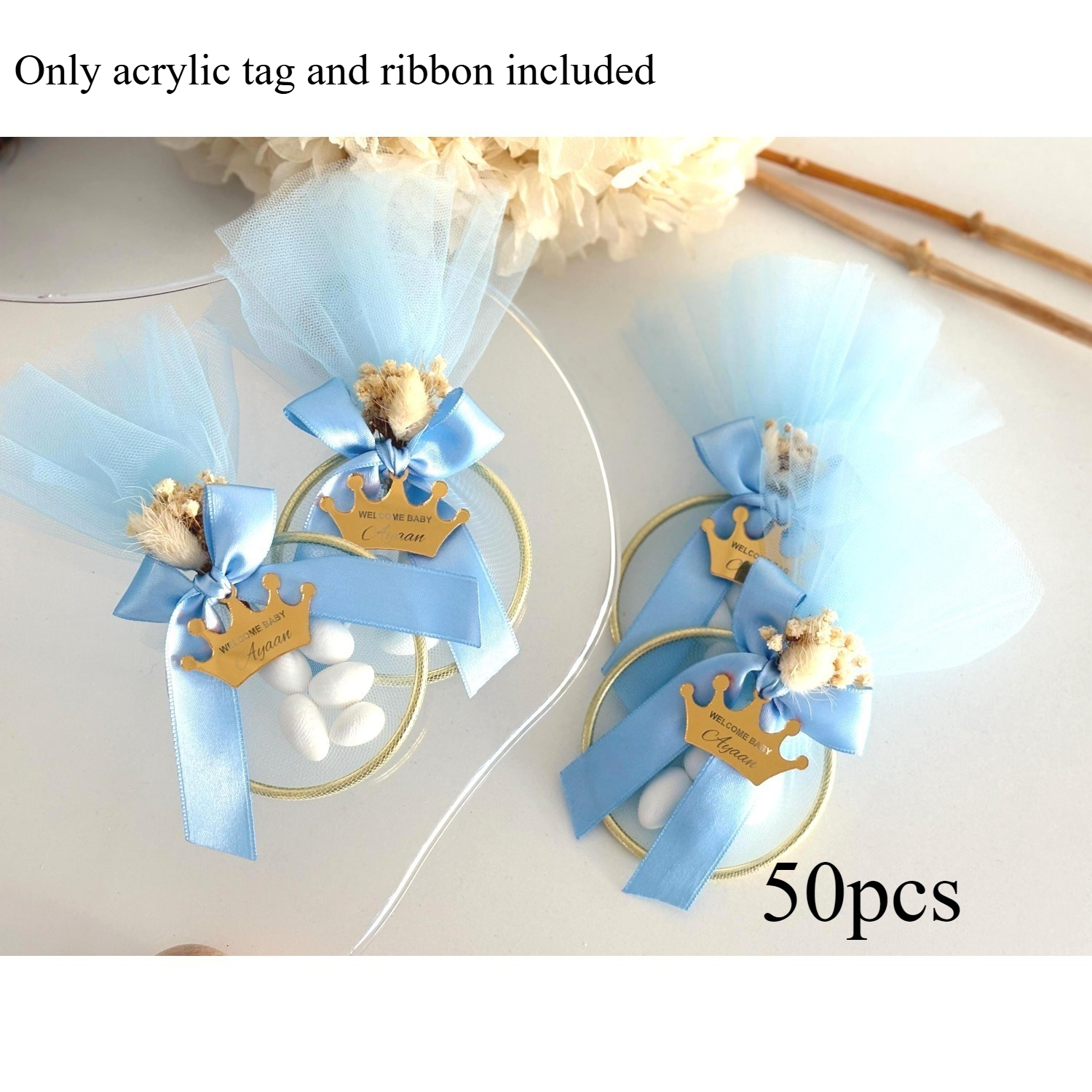 TEMU Gift For Her/him Multi-item Party Favor Packs, Custom Engraved Crown Acrylic Tags With Satin , Personalized Shower, Gender Reveal And Baptism