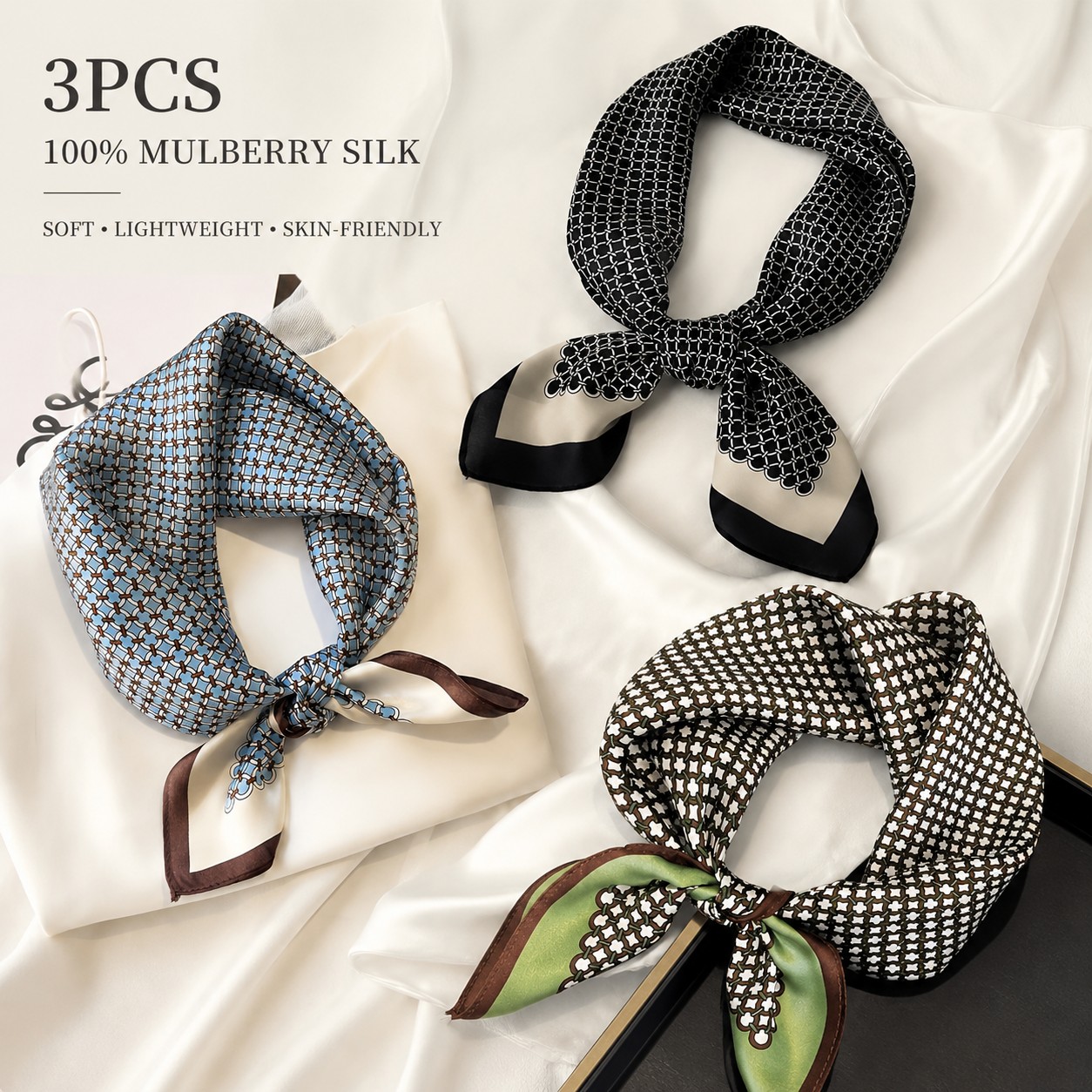 TEMU 3pcs 100% Set For Women, Luxury Small Square Silk Neck Scarf, Soft Lightweight Hair Band Bag Ribbon Accessory, Elegant Fashion Gift