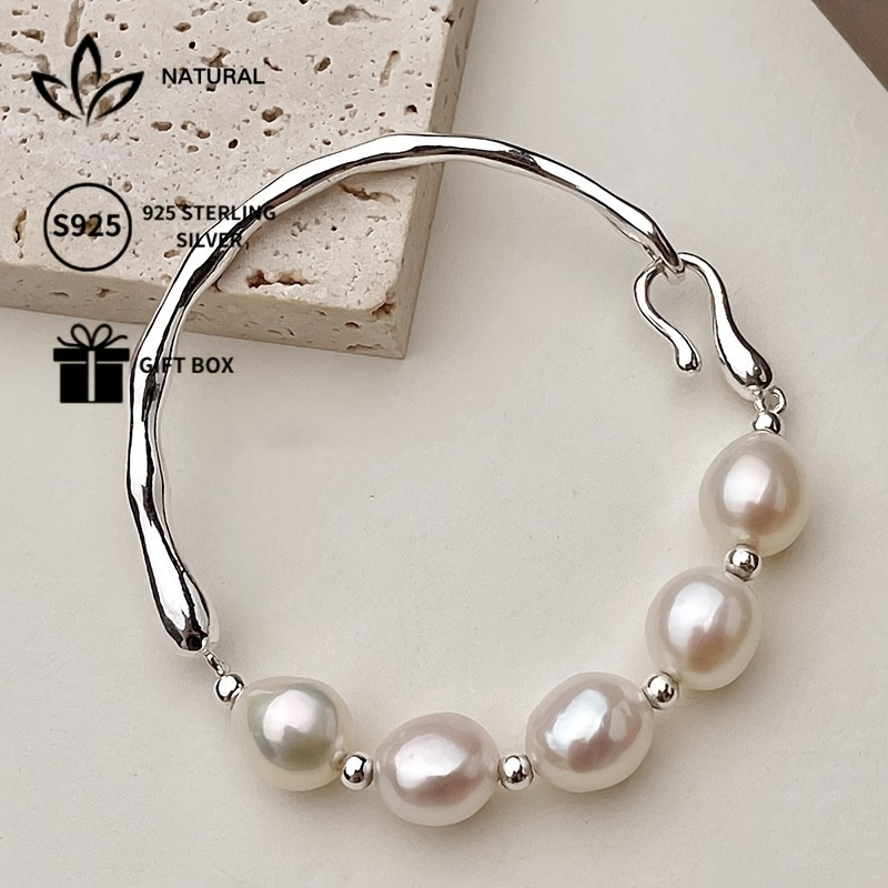 TEMU Trendy S925 Sterling Silver Bracelet With Freshwater Pearls, Perfect For And Travel, Comes With A Gift Box, Weighs 0.14 Ounces, Has , Embodies A