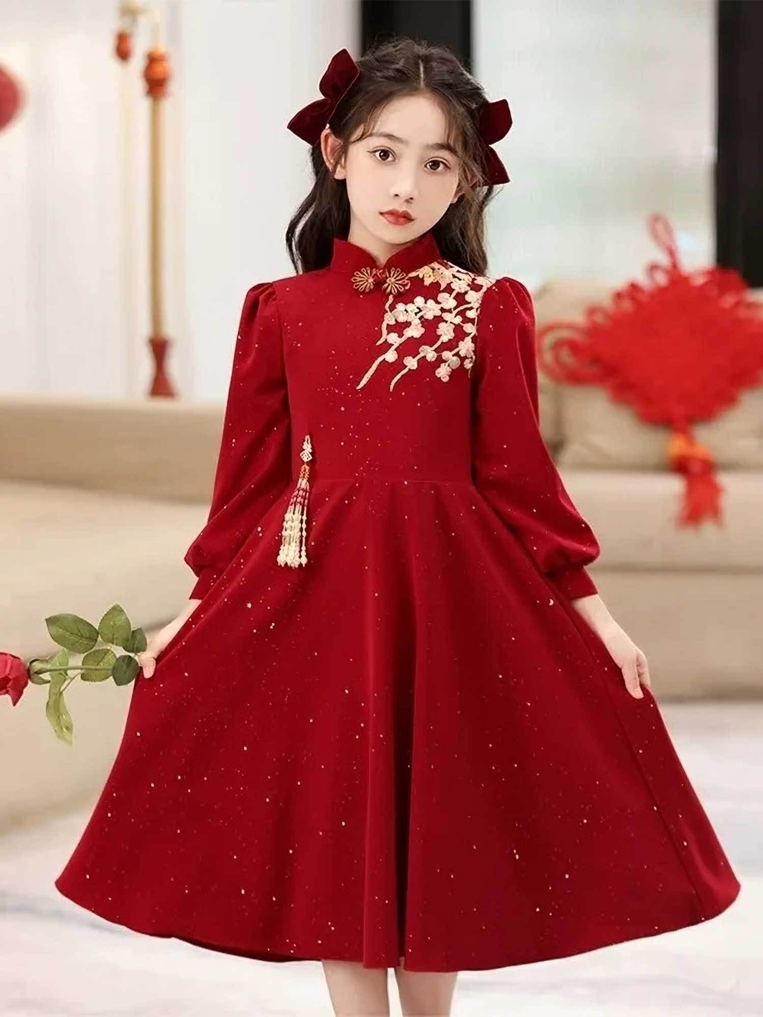 girls elegant red formal princess performance dress - long sleeve party wedding ceremony outfit with   collar,  -length formal gown for christmas, new year s, birthday - machine washable girls evening dress, holiday celebration, floral embroidery, luxurious texture,   formalwear, kids special occasion wear Product details 1