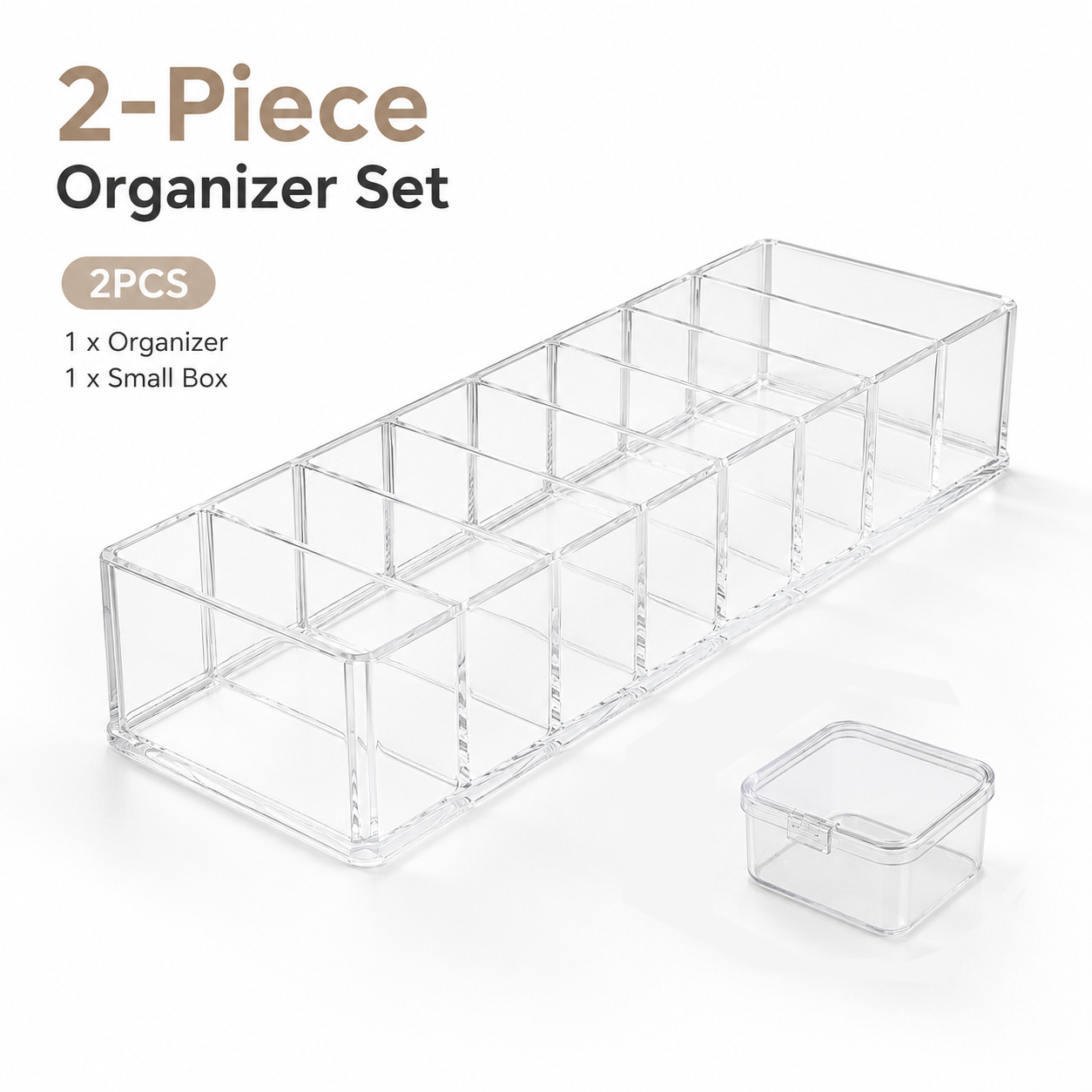 TEMU Organizador de maquillaje de acrílico transparente de 8 compartimentos (1 pieza) + contenedor de almacenamiento (1 pieza), organizador de