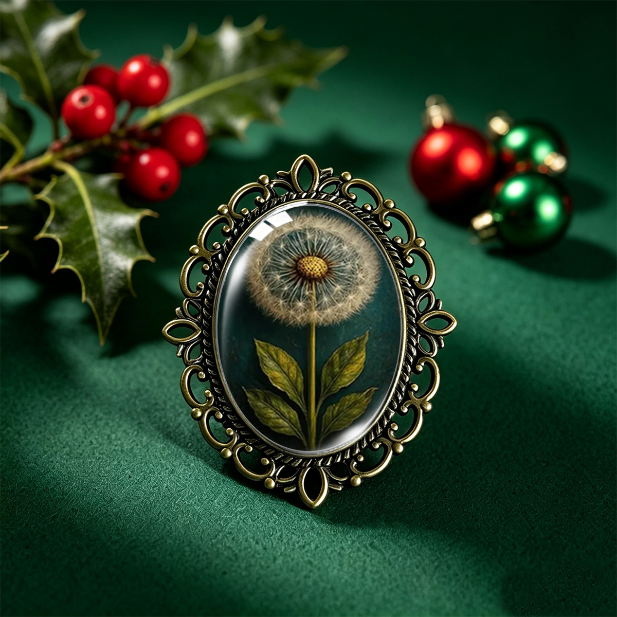 TEMU 1pc Dark Green Background Dandelion Realistic Hand Drawn Plant Pattern Forest Retro Style Vintage Bronze Oval Lace Trim Glass Brooch, Christmas
