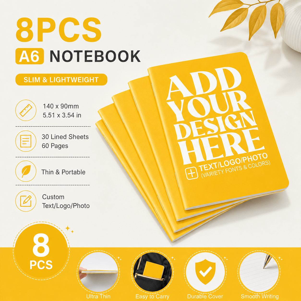 TEMU 8pcs Customizable A6 Lined Notebooks, 60 Pages Slim Lightweight Pocket Journals, Personalized Text Logo Photo Cover, Portable Memo Books For
