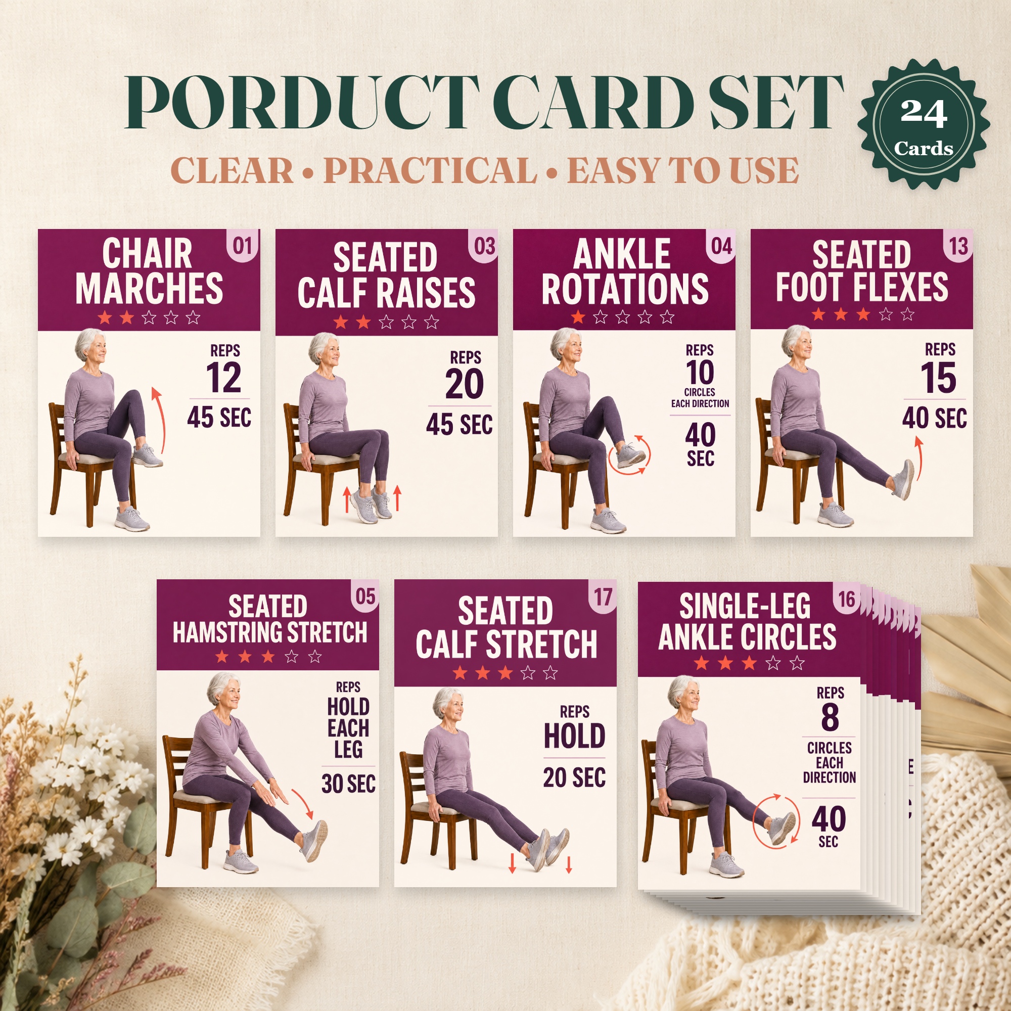 TEMU 24pcs Middle-aged And Elderly Chair Exercise Cards, Sitting Workout And Stretching Training, Suitable For Home Balance And Flexibility Practice