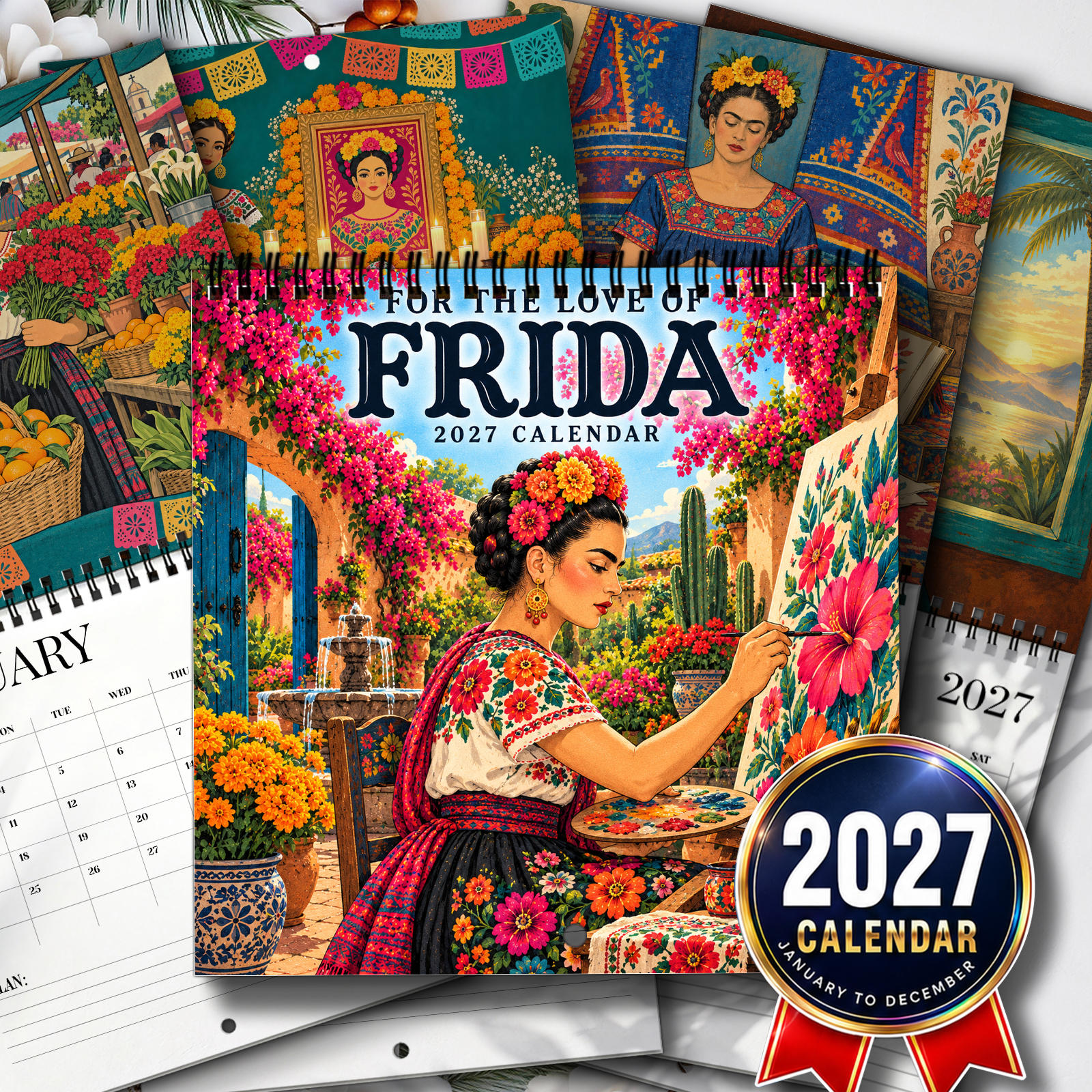 TEMU Mexican For Woman Portraits 2027 Wall Calendar Spiral-bound Hanging Calendar With Floral Crowns Colorful Clothing & Cultural Scenes Home And