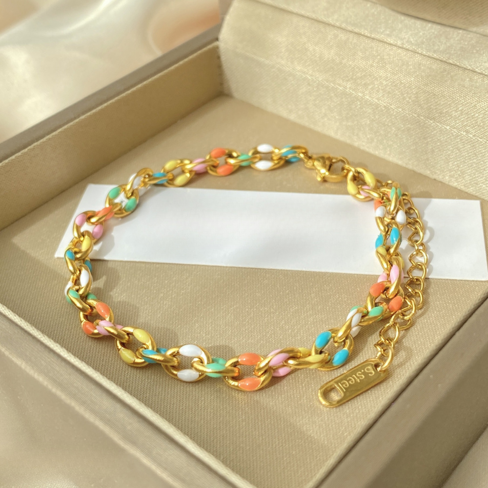 E-shop 1 Stück Bunte Doppellagige Armband für Damen - 18K Vergoldeneter Edelstahl, Dekoriert mit Bunter , Minimalistisch, Langlebig,
