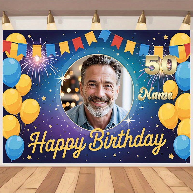 1  50th birthday banner with photo name personalization 90 55x70 8 inch vibrant polyester party decor for indoor outdoor use front porch baptismal celebrations perfect gift for parents   birthday party decorations indoor outdoor banner festive backdrop     colorful design