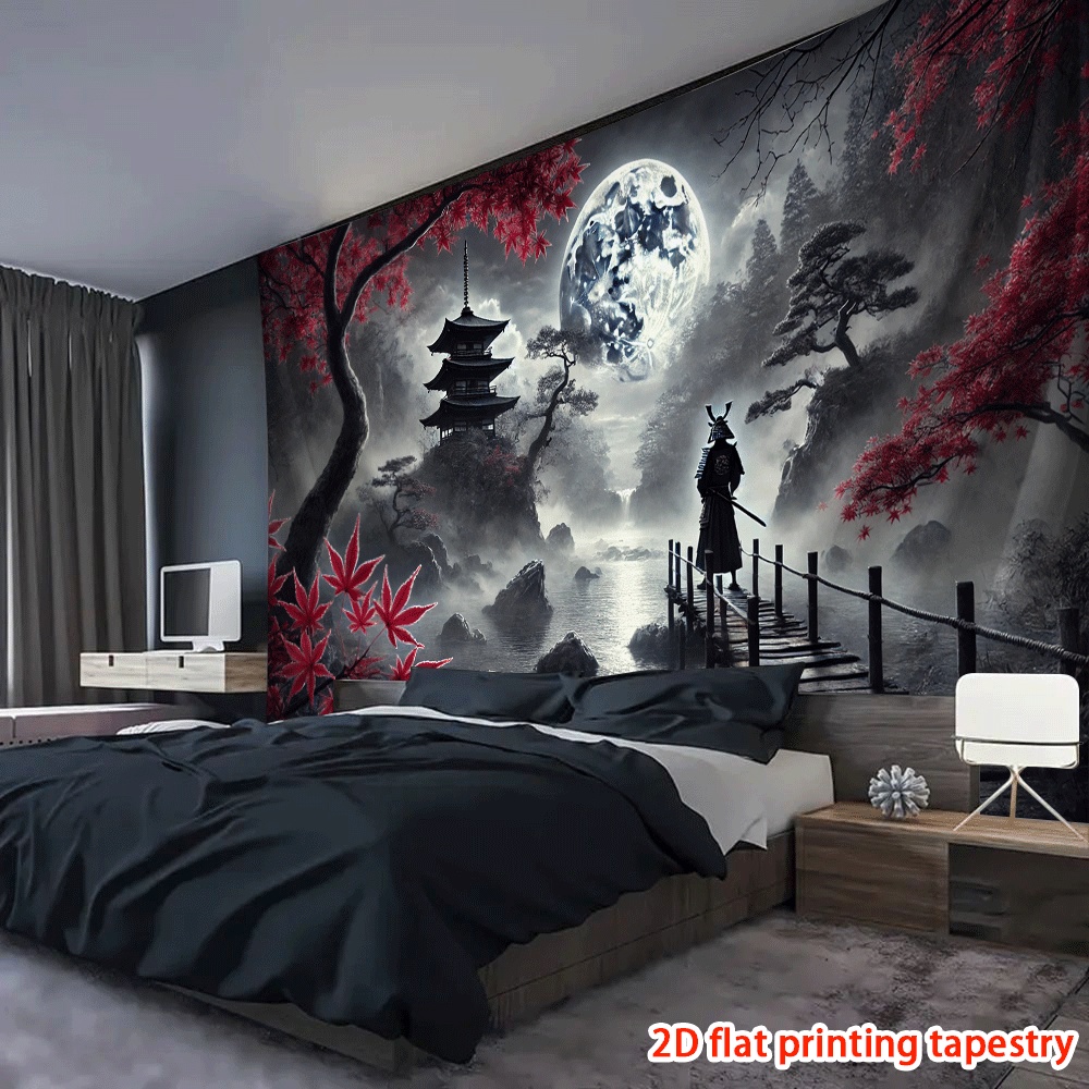 Samurai Under Moon Wall Hanging Tapestry For Living Room Decor_voghion.com