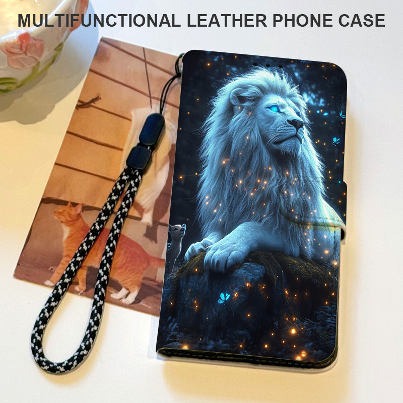 TEMU Phone Case: Lion Pattern Flip Wallet Phone Case With Card Slots, Magnetic Closure, And Detachable Lanyard, Compatible With Oppo A15/a12/a11//a9