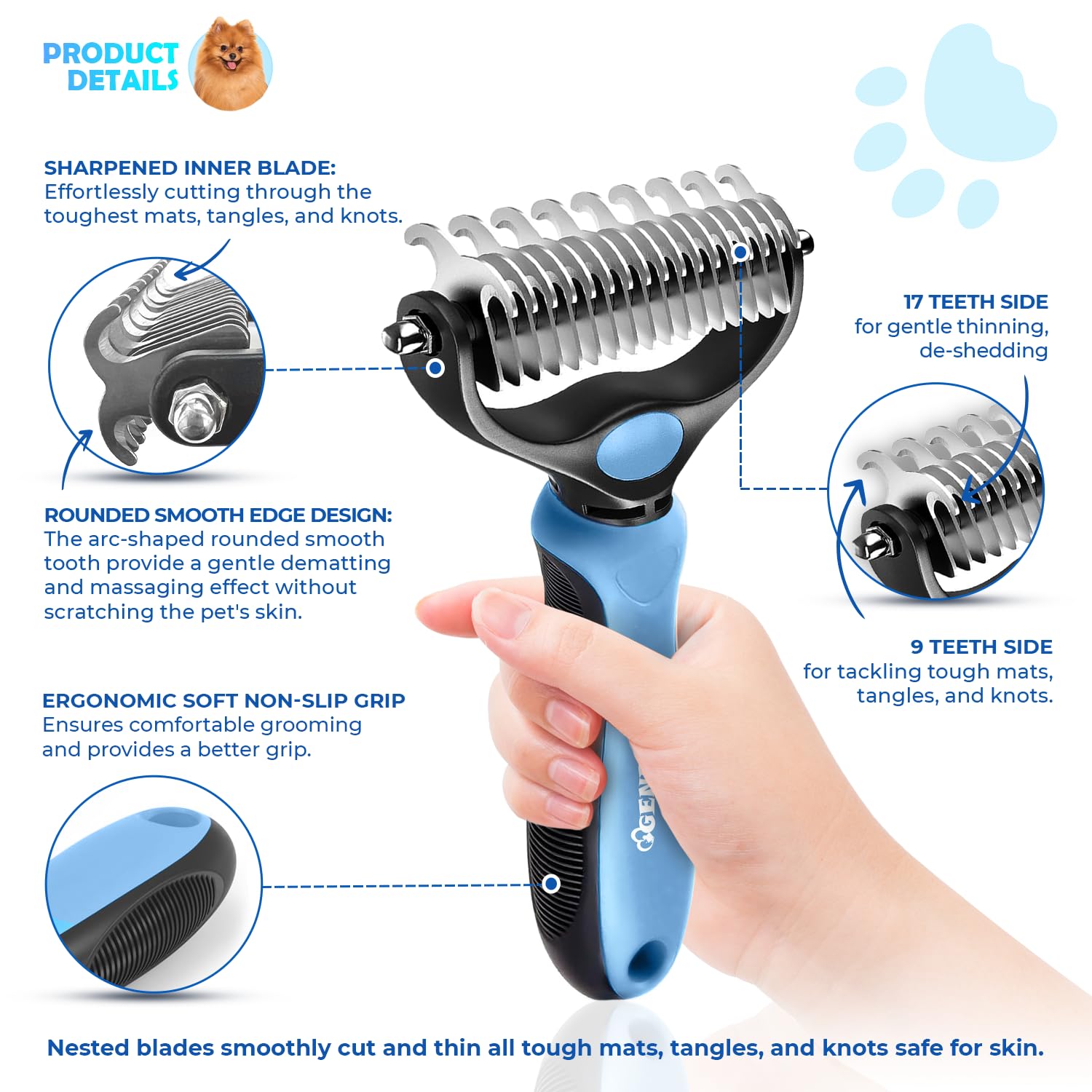 a hair removal comb   designed for cats and dogs   with wide double sided stainless steel teeth used to   remove hair comb and thin hair and   eliminate pet hair loss knotting hair balls and   hair  