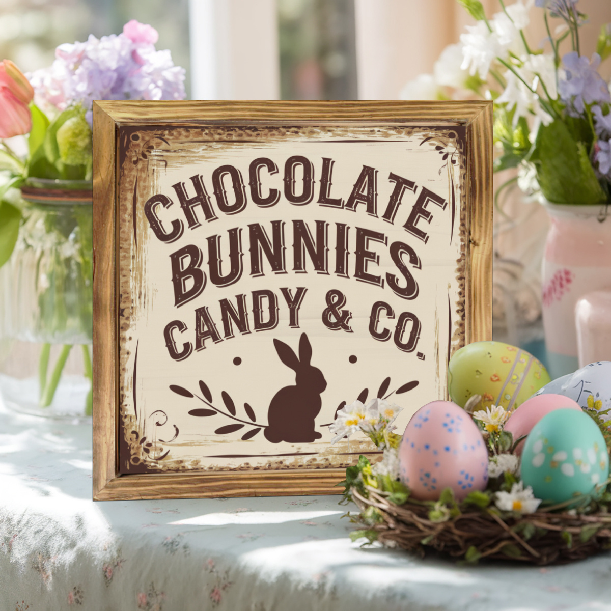 

& ." 8x8 Inch Wooden Wall Sign - Vintage Easter Decor For Entryway, Living Room, Kitchen, Bedroom | Ideal Housewarming Or Easter Gift, Rabbit Decor