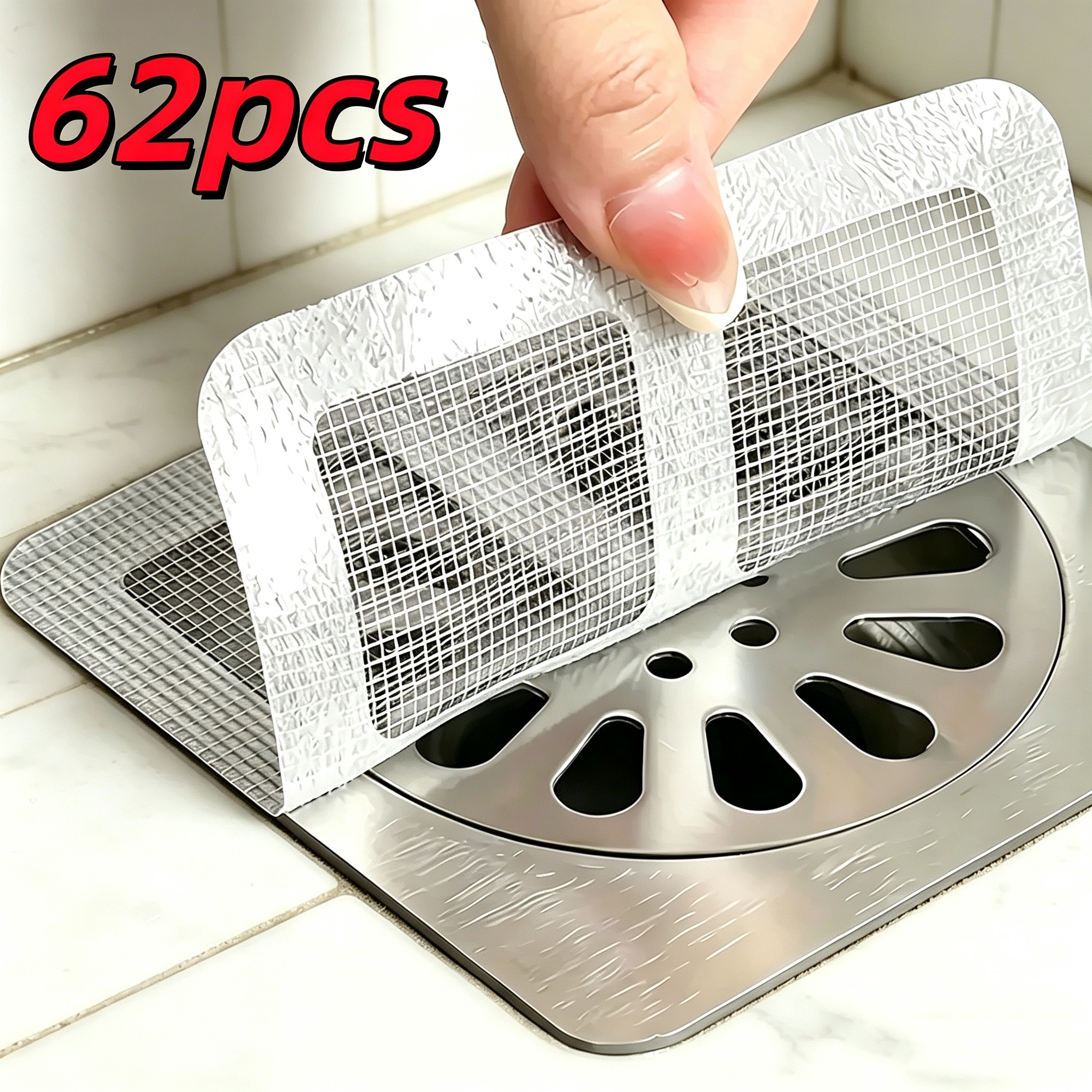 TEMU 62pcs Self-adhesive Disposable Drain Hair Catcher Stickers, Instant Application, Anti-clog And Insect-proof, Universal Hair Trap For Bathroom,