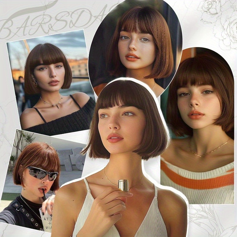 150 density 10inch 5colors human hair bob wigs bangs - Temu  display picture 1