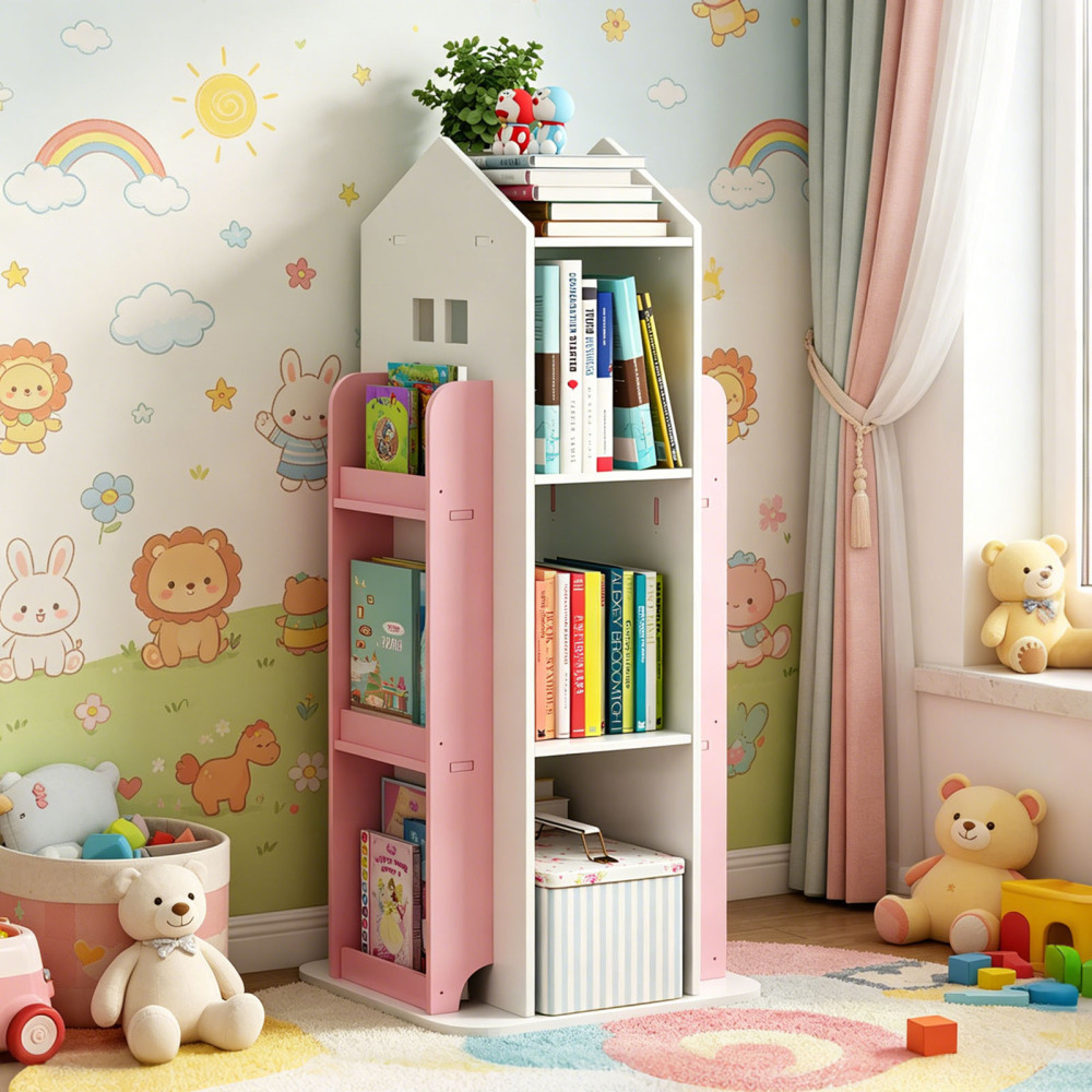 4-Tier Rotating Bookshelf, 360° Display Book Shelf, Floor Standing Bookcase, Children's Bookshelves for Bedroom, Living Room, Study Room ( WHITE Color)