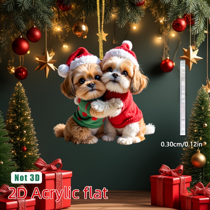 TEMU Ornement de Noël Chiot Shih Tzu Plat 2D - Décoration de Chien Plat 2D en Acrylique avec Bonnet de Père Noël et Pull, Jolie Paire de Shih Tzu
