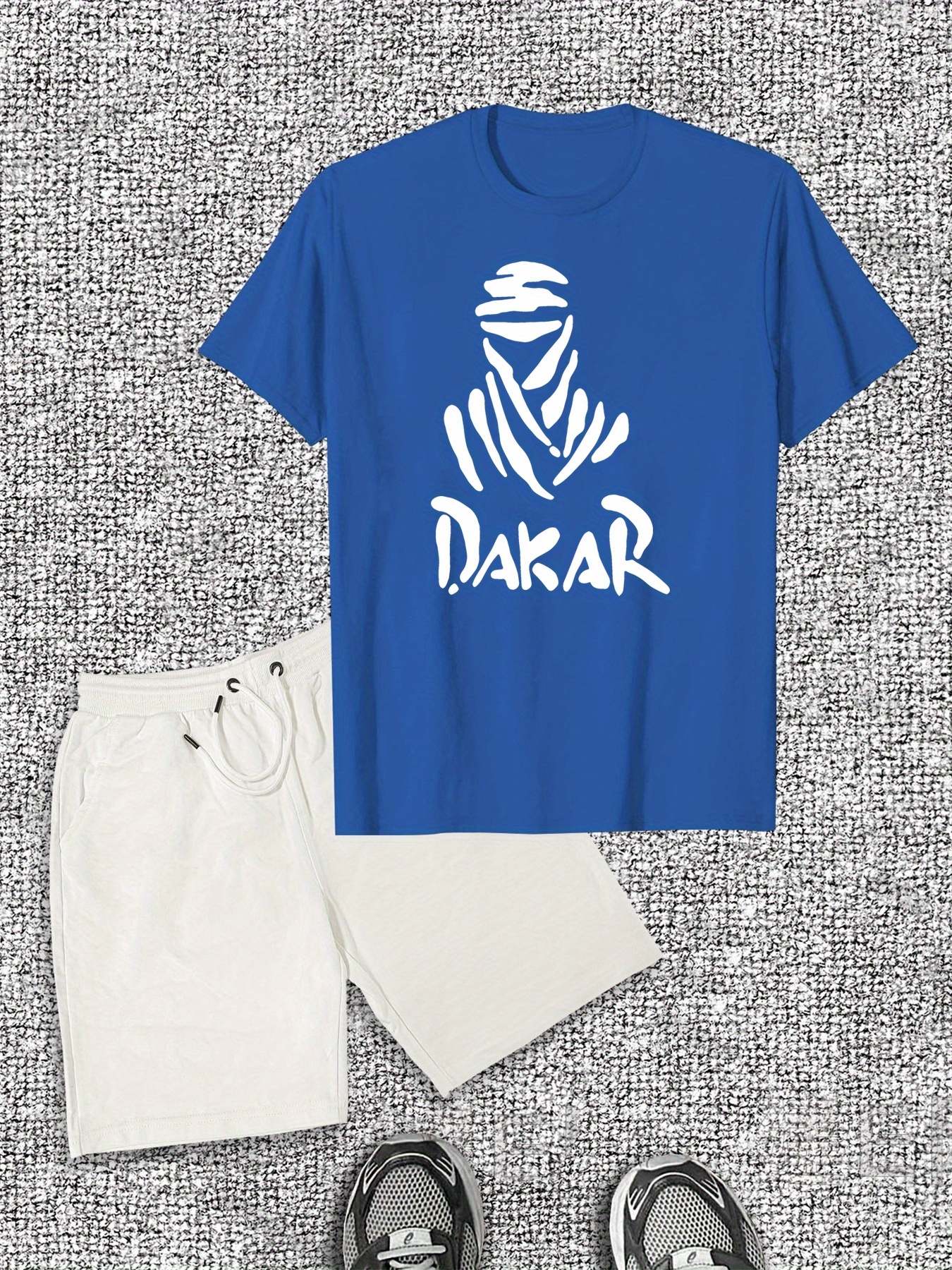 Men'S Casual Summer Shorts and T-Shirt Set, Solid Color, Cotton, Regular Fit, with Graphic Print Tee and Drawstring Shorts, for Casual Attir