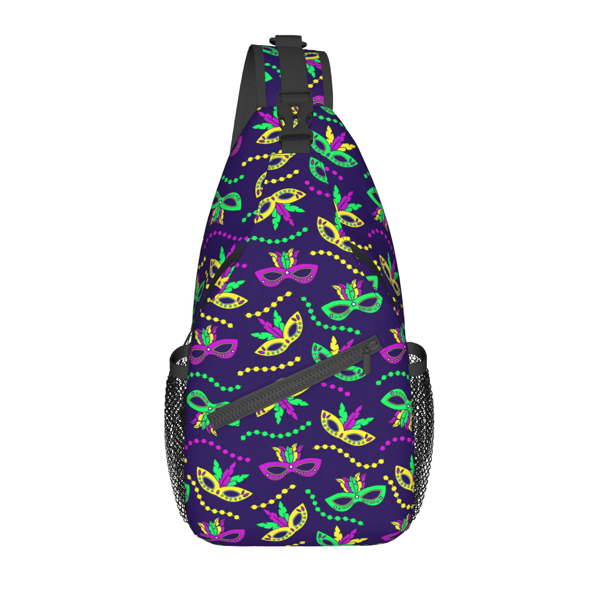 Black Mardi Gras Beads Crossbody Bag With Adjustable Strap - Mask Print Sling Purse For , Cycling, Smartphone Carrier, Holiday Gift (unisex)