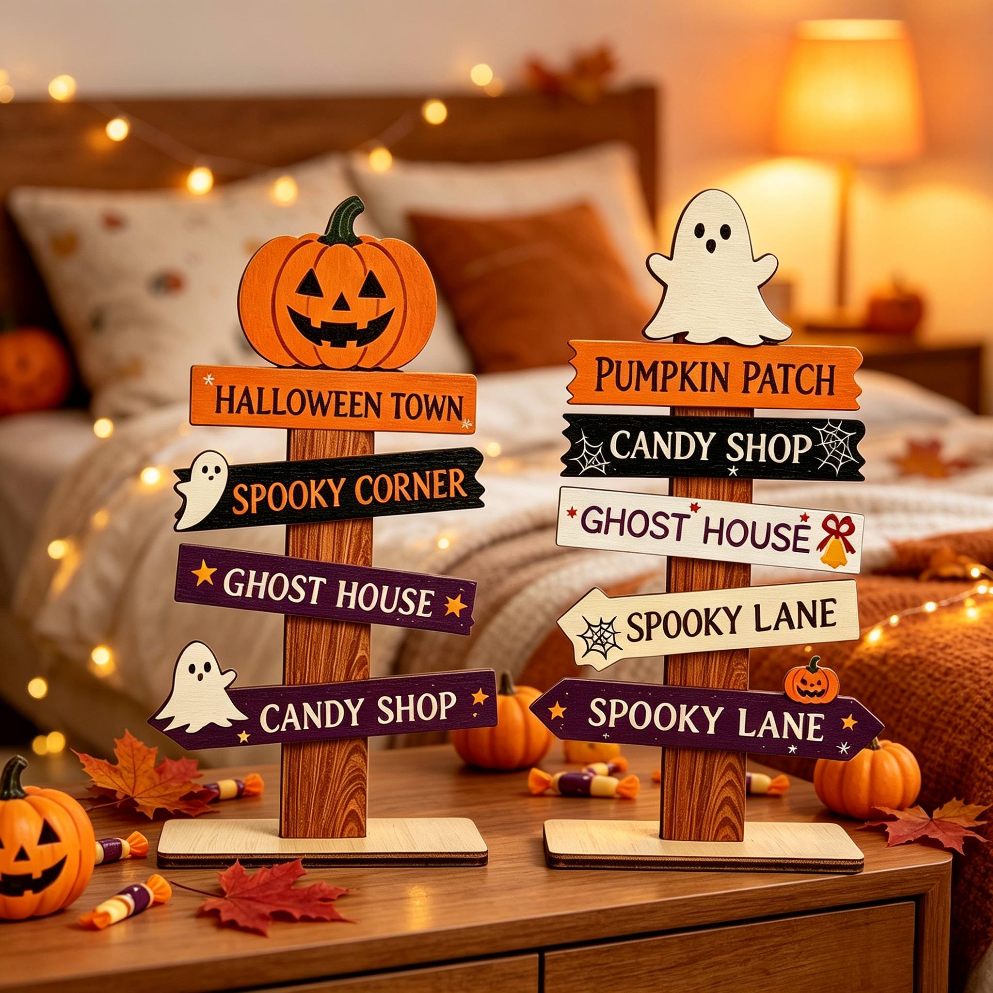 TEMU 2d Flat, 2pcs Set Of Halloween Wooden Vertical Directional Signs Desktop Ornaments, Pumpkin Shaped Top Decoration, Arrow Signs With Halloween