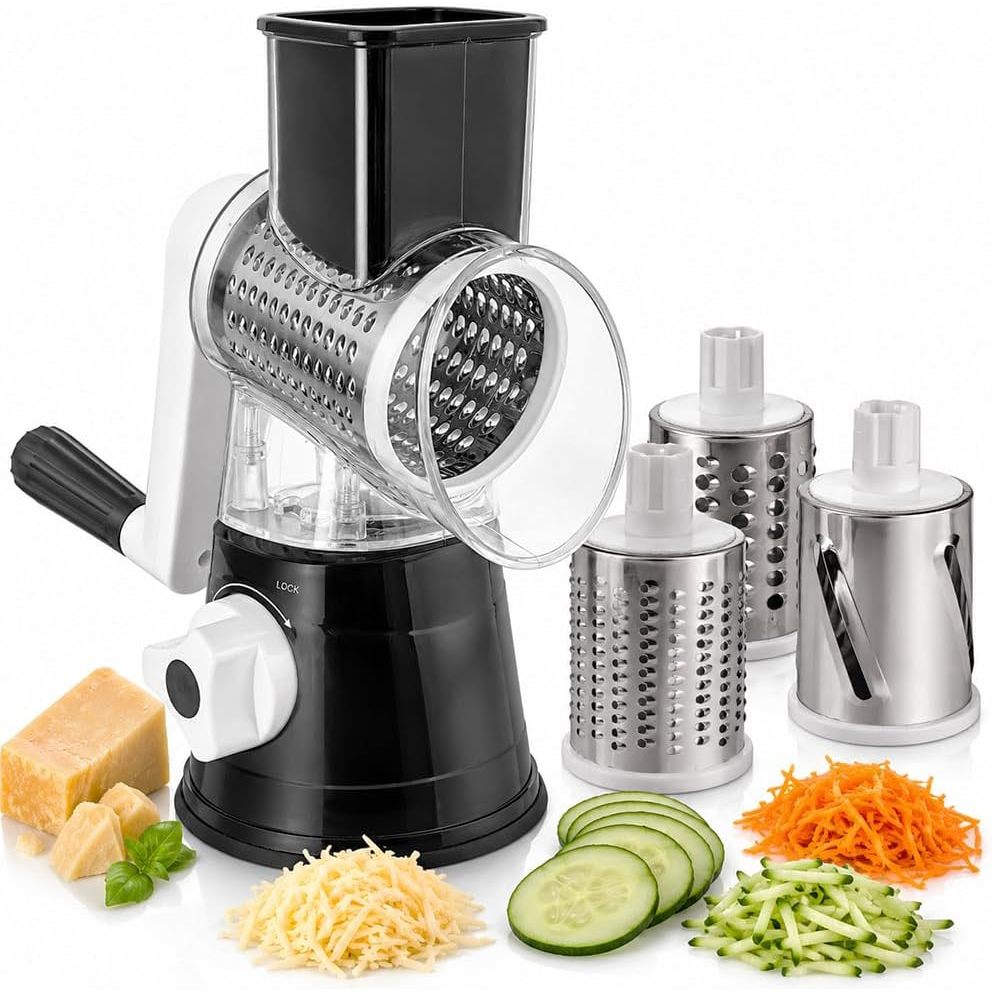 TEMU Hand-cranked Rotary Cheese Grater - Cheese Grater With 3 Interchangeable Stainless Steel , Suction Cup Base, And Ergonomic Handle | Vegetable