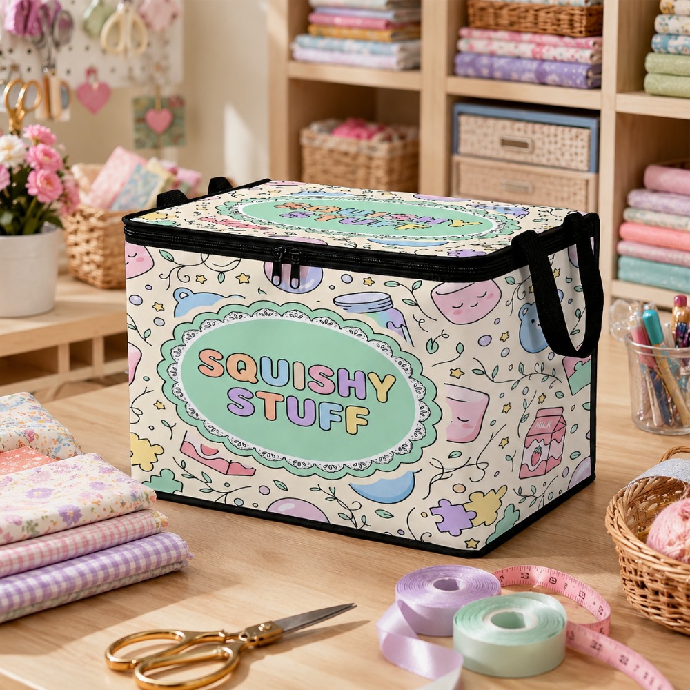 TEMU 1pc Shallow Bottom Macaron-colored Cartoon Graffiti Printed Fabric Storage Box, Double Zipper Sealed Dust-proof And, Side Handle For , Foldable