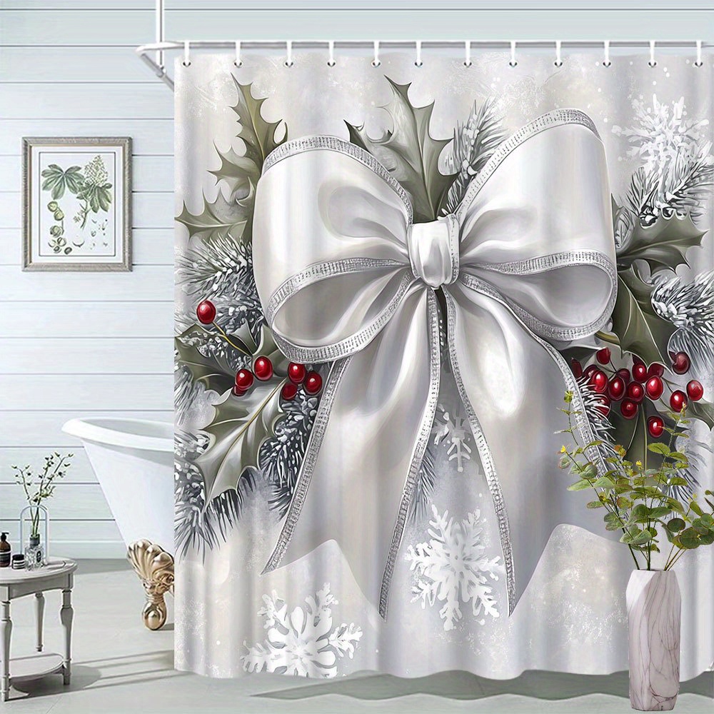 TEMU 2d Flat, 1pc 2d Flat Printed Shower Curtain With Hooks - 1pc Fashionable Winter-themed Shower Curtain Featuring A White Satin Ribbon Bow, Holly