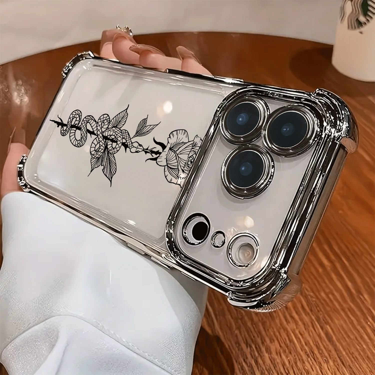 TEMU Phone Case - A Trendy Designer Phone Case For Iphone Featuring A Floral Pattern With A Small Snake Wrapped Around It, Made Of Transparent, Soft,