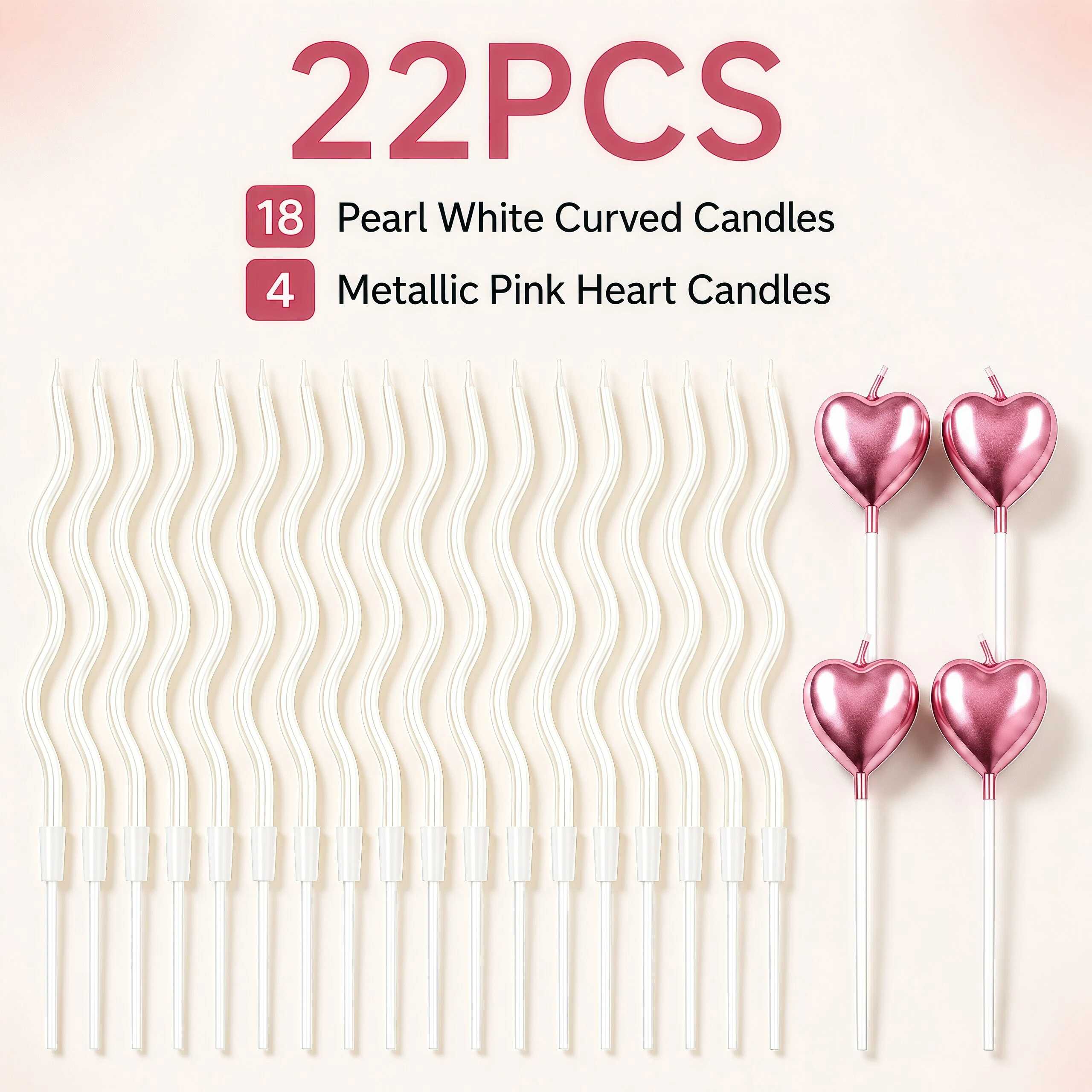 TEMU Ensemble de 22 bougies incurvées blanc perle avec 4 bougies cœur rose en métal, décoration de gâteau ondulée , idéal pour anniversaire, mariage,
