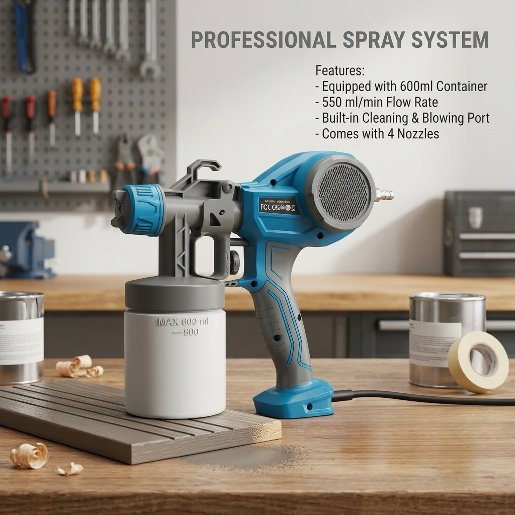TEMU Pistola de Pintura Eléctrica Tilswall, 500W con de 600ml, de Pulverización de 550ml/Min, 4 Boquillas, 3 Patrones de Pulverización, Viscosidad de