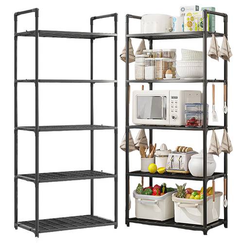 5 tier heavy duty adjustable shelving unit with black white 66 lbs shelf capacity sturdy plastic construction adjustable height floor standing storage shelf for kitchen pantry closet bathroom laundry garage easy assembly space saving organizer with multi tier shelving system durable plastic material and versatile use for utility racks kitchen shelf organizers and storage cupboard storage and organization