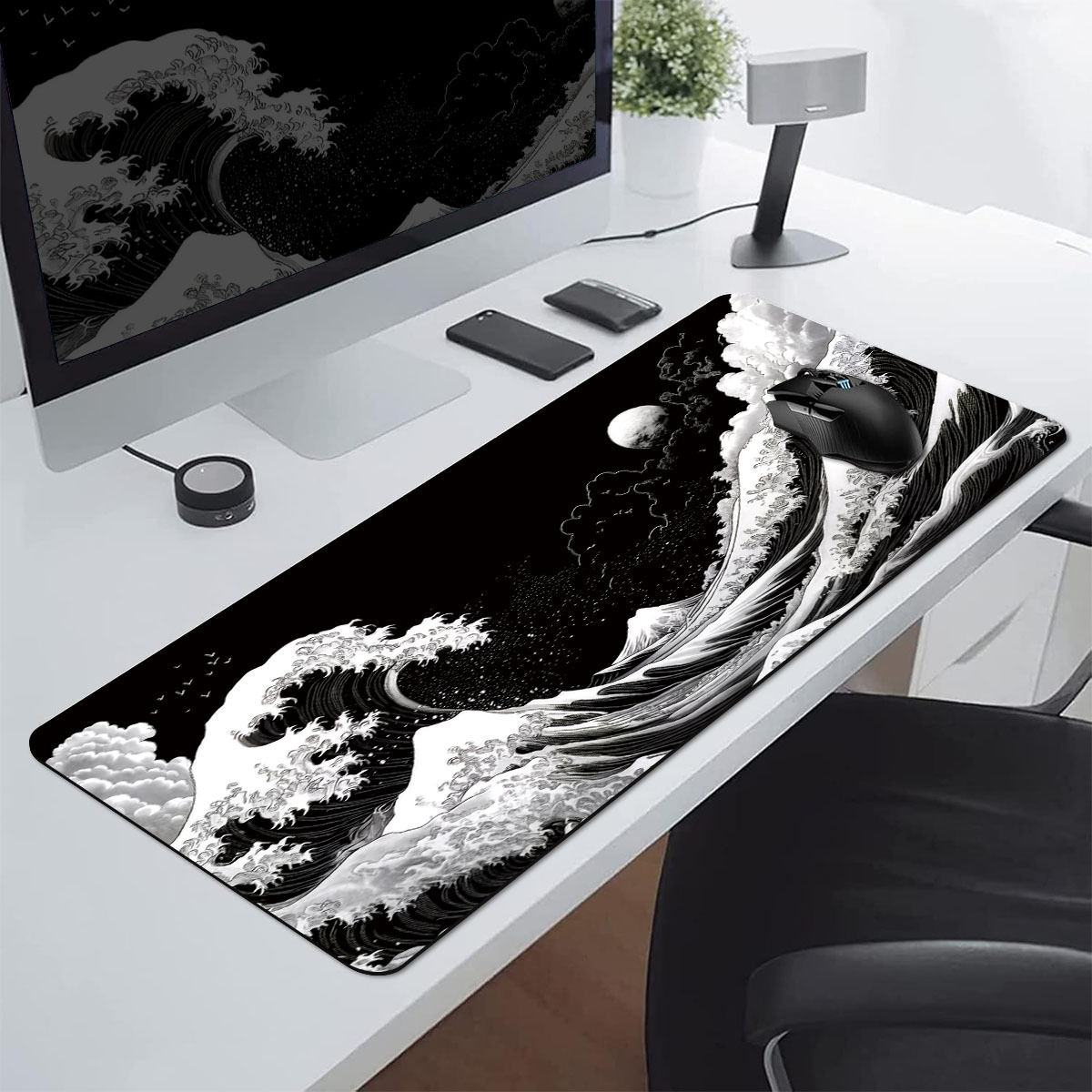 1pc extended gaming mouse pad and pc desk keyboard mat japanese   style black and white minimalist wave pattern laptop protector mat study desk pad durable non slip base high definition printing multiple sizes xl xxl ideal for home