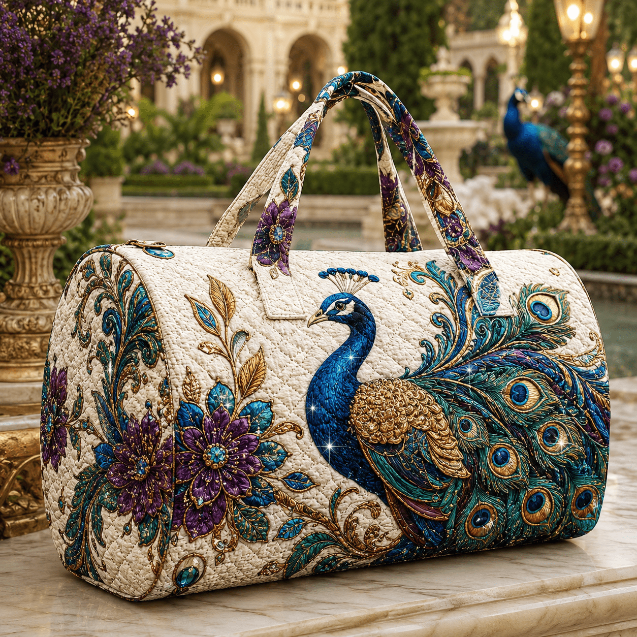 Elegant Peacock Embroidered Tote Bag - Large Capacity Quilted Zipper Closure Suitable For Travel, Beach, Grocery Shopping, Reusable Bag With Peacock, Stylish Carryall For Daily & Grocery