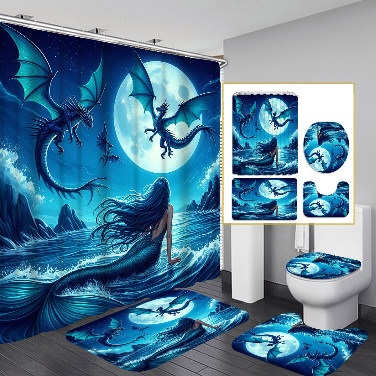 

And Bathroom Decor Set Polyester Curtain, Mat, U-shaped Rug, And Lid - , Bath - For Christmas And Universal