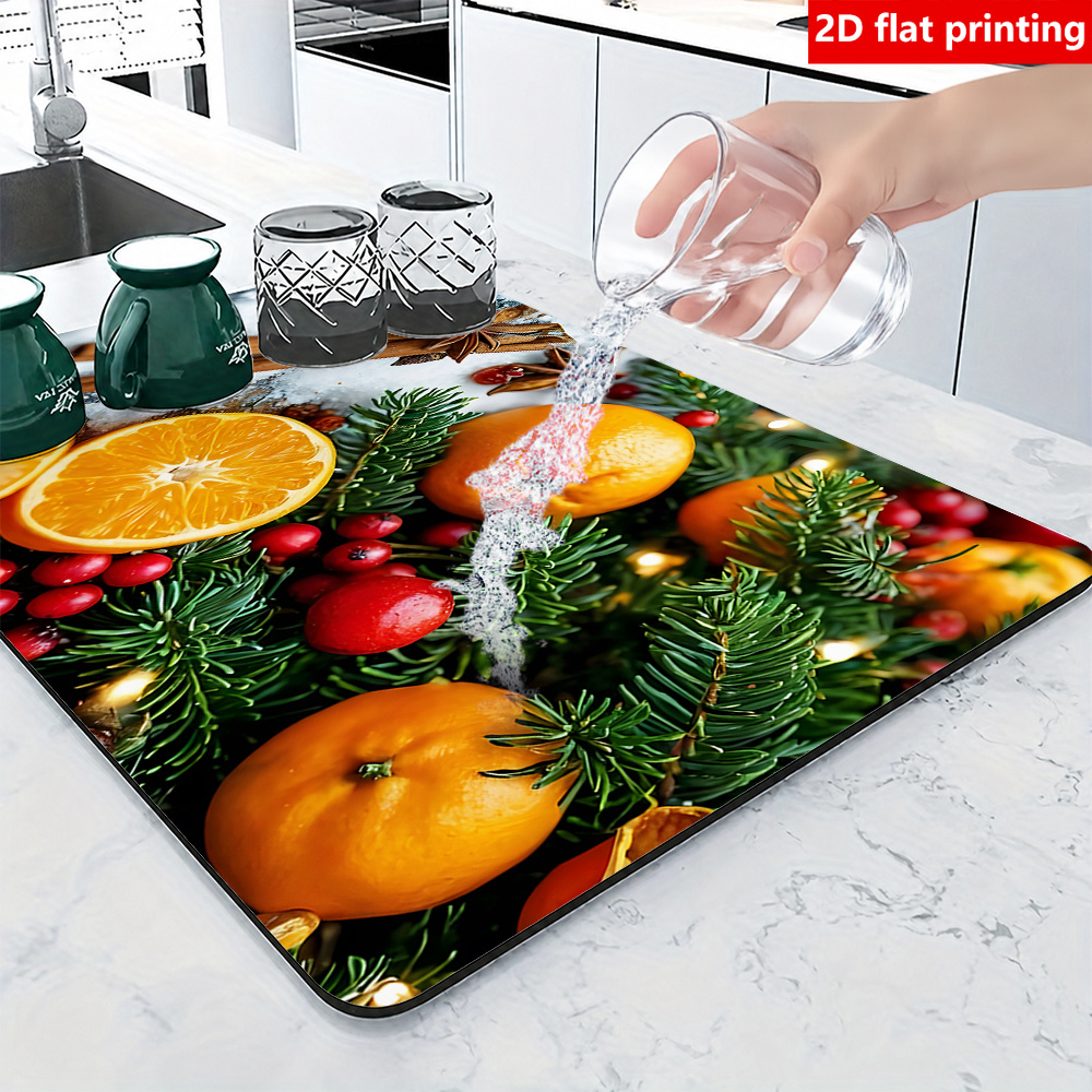 TEMU 2d Flat Printing, 1pc Christmas Citrus Pattern Drip Mat, Coffee Machine Table Absorbent Anti-slip Mat, Suitable For Dish Drying, Daily Dining,