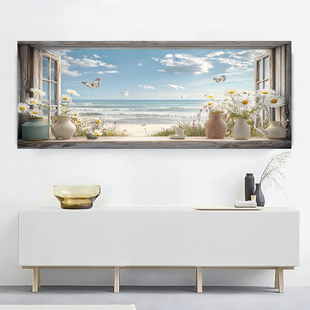 TEMU 2d Flat, 1pc, Beach Scene With Flowers And Butterflies Frameless Large Size Background Wall Art Canvas Wall Painting Modern Design, High Quality