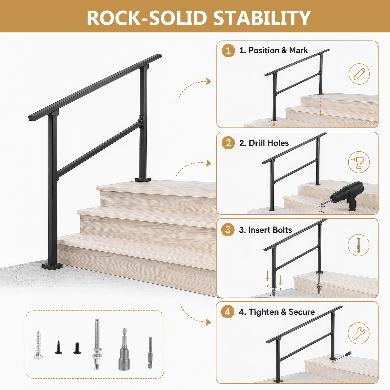 Image of Handrails For Outdoor Stairs, Stair Handrail And Stair Railing Set, Railings For Outdoor Stairs For Fence And Outdoor Stairs