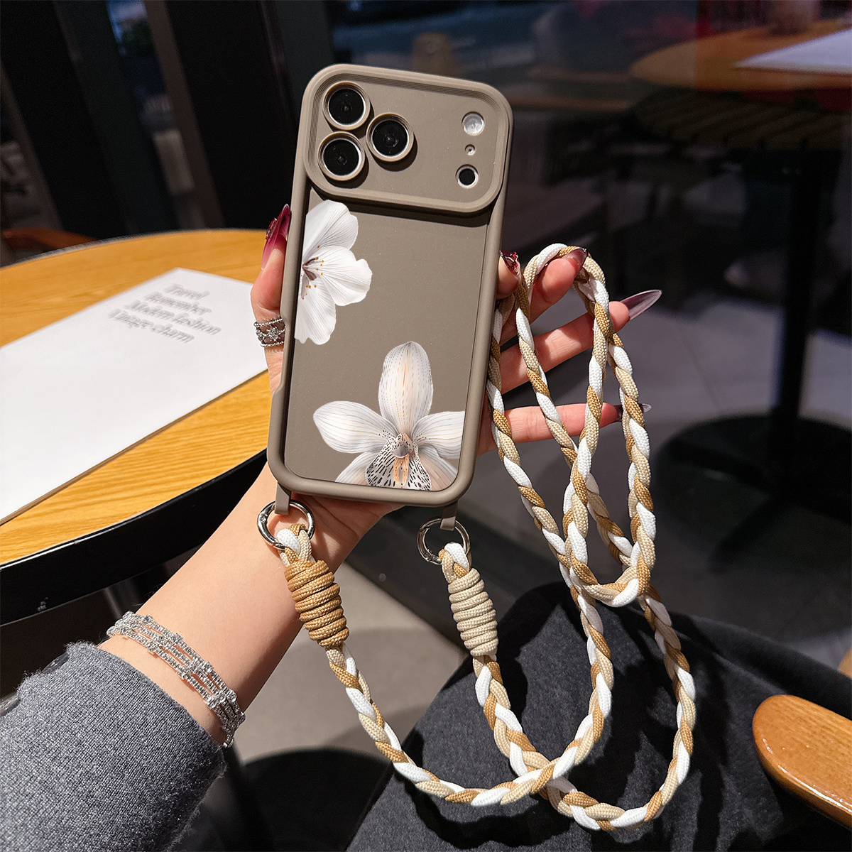 TEMU Phone Case - New 2pcs Set: A White Floral Patterned High Bamboo Brown Shockproof Phone Case With A Easy Lanyard, Providing Full Protection And