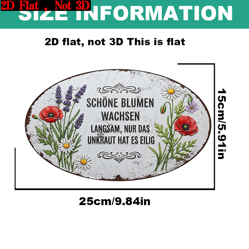 TEMU 2d Flat, 2d Flat 1pc (9.84x5.91"), Beautiful German Wall Sign - "beautiful Flowers Grow , Only Weeds Are " - Rustic Home Decor - Oval Metal