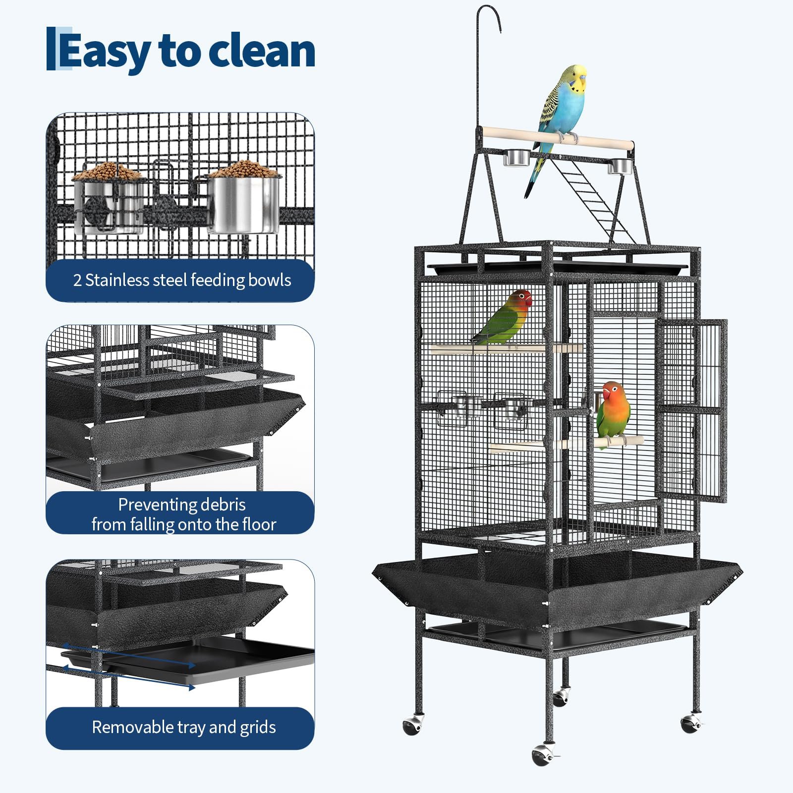 82" Rolling Bird Cage with Play Top And Rope Perch, Large Parrot... product image 3
