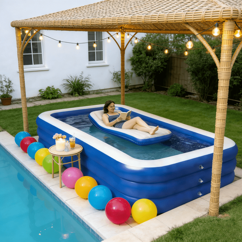 3pcs Set, Including 1 Blue Inflatable Swimming Pool + 1 Pool Mat + 1 Air Pump, Three-Layer Design, 210.01*150.01*68.0 cm Large Capacity, Swimming, Outdoor Backyard Pool, Suitable for Family Gatherings, Summer Parties, Balconies, Travel