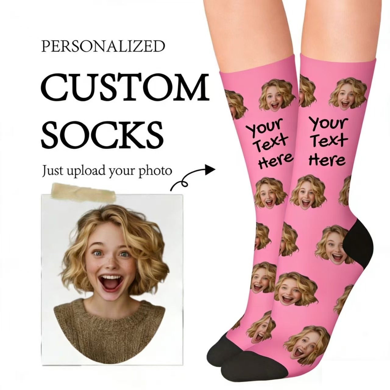 TEMU 1 Paire de Chaussettes Personnalisées avec Texte et Motif Facial, Chaussettes Photo Cadeau Amusantes et Personnalisées, Unisexe, Chaussettes