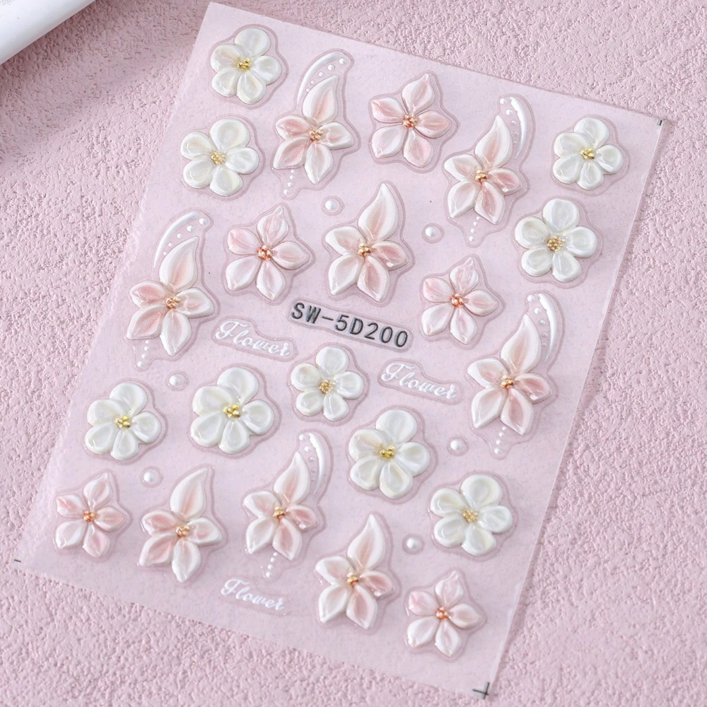 1pc 5d Embossed Floral Nail Art Stickers, White & Pink Hibiscus Pattern, Self-adhesive Nail Decals Suitable For Spring And Summer Manicure Nails