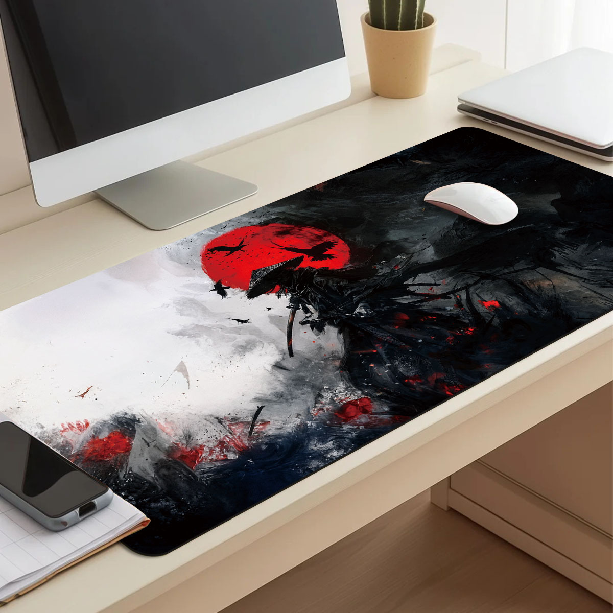 E-shop Erweitertes Gaming-Mauspad PC-Schreibtisch-Tastaturunterlage – Muster mit roter Sonne, fliegendem Vogel, , der das Schwert zieht –
