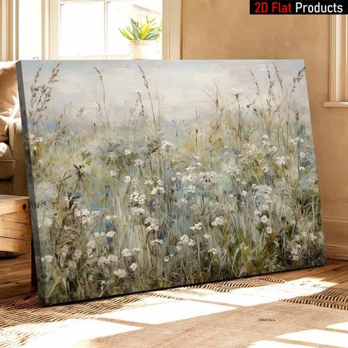 a single piece of canvas artwork featuring a countryside filled with wildflowers presented in a wooden high quality wall art print hung and with a pine frame making it ideal for decorating living rooms