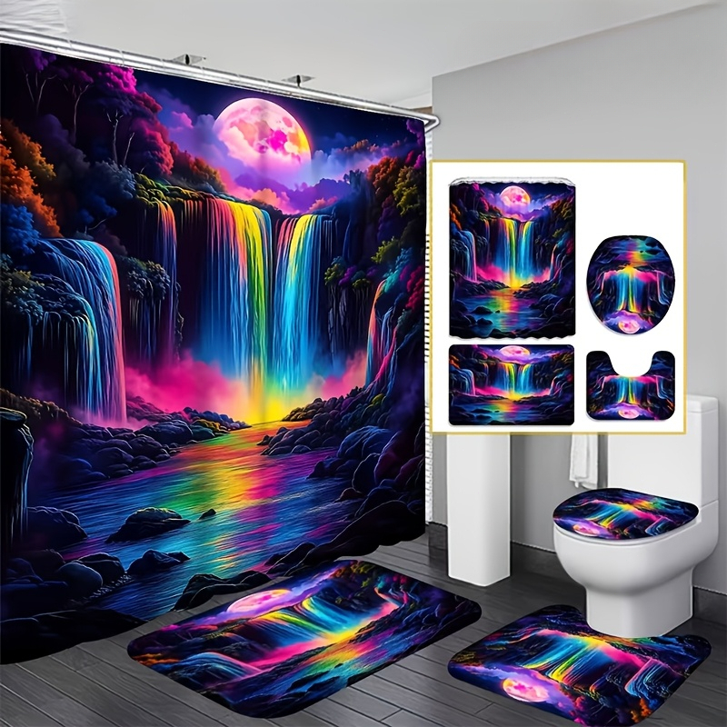 TEMU 4pcs Night Rainbow Waterfall Printed Shower Curtain Set, Full Of Gorgeous Vibe, And . Includes 71 X 71 Inch Curtain, U-shaped, Toilet Lid Cover,