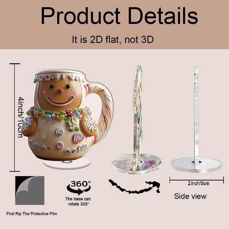 2D Flat, 1pc Rotating Gingerbread for Man Mug & Desktop Decor - 360&deg; Spinning Acrylic Cookie Character Cup with Icing Details, No Assembly, for Christmas & Year-Round Use, Candy Stick Handle - Ideal for Home, Office, or as a Gift (Compatible with, 2D