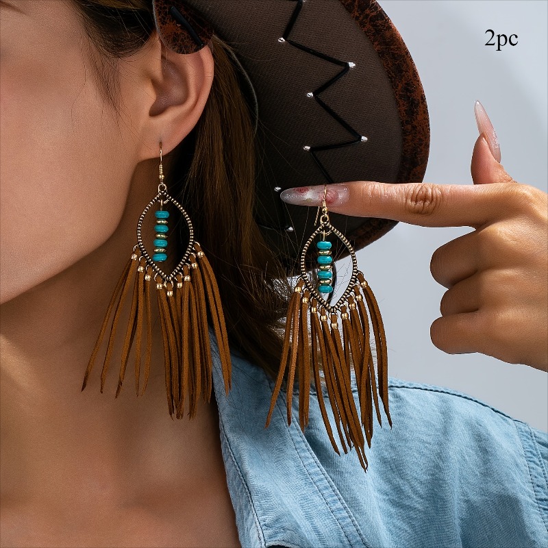 Image of 2pcs Western Style Niche Tassel Earrings Suitable For Women' Vacation Gifting Wear